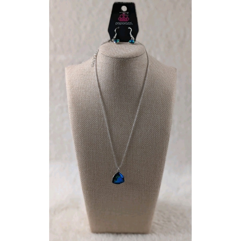 Paparazzi Teal Blue Crystal Necklace‎ Earrings Set Silver Tone New Card